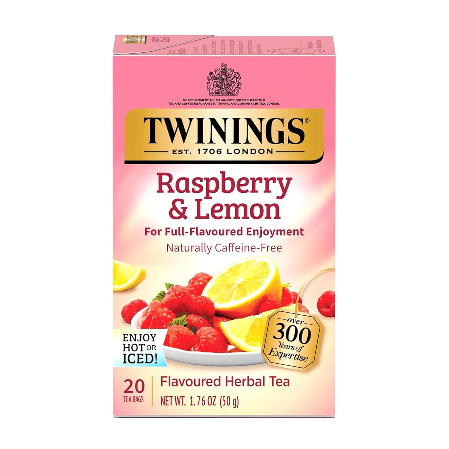 Twinings Raspberry & Lemon Herbal Tea - Refreshing Unsweetened Flavor | 20 Individually Wrapped Bags