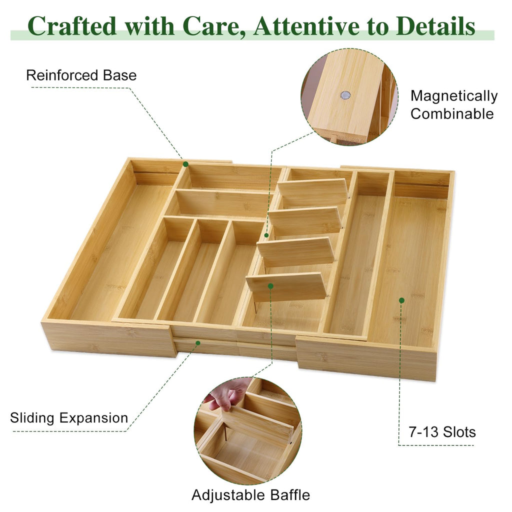 MH MYLUNE HOME Large Bamboo Expandable Drawer Organizer, Silverware Organizer for Drawers, 16 to 30 Inches Wide, 7-13 Slots, Kitchen Drawer Organizers for Utensils, Bamboo Wood Cutlery Organizers