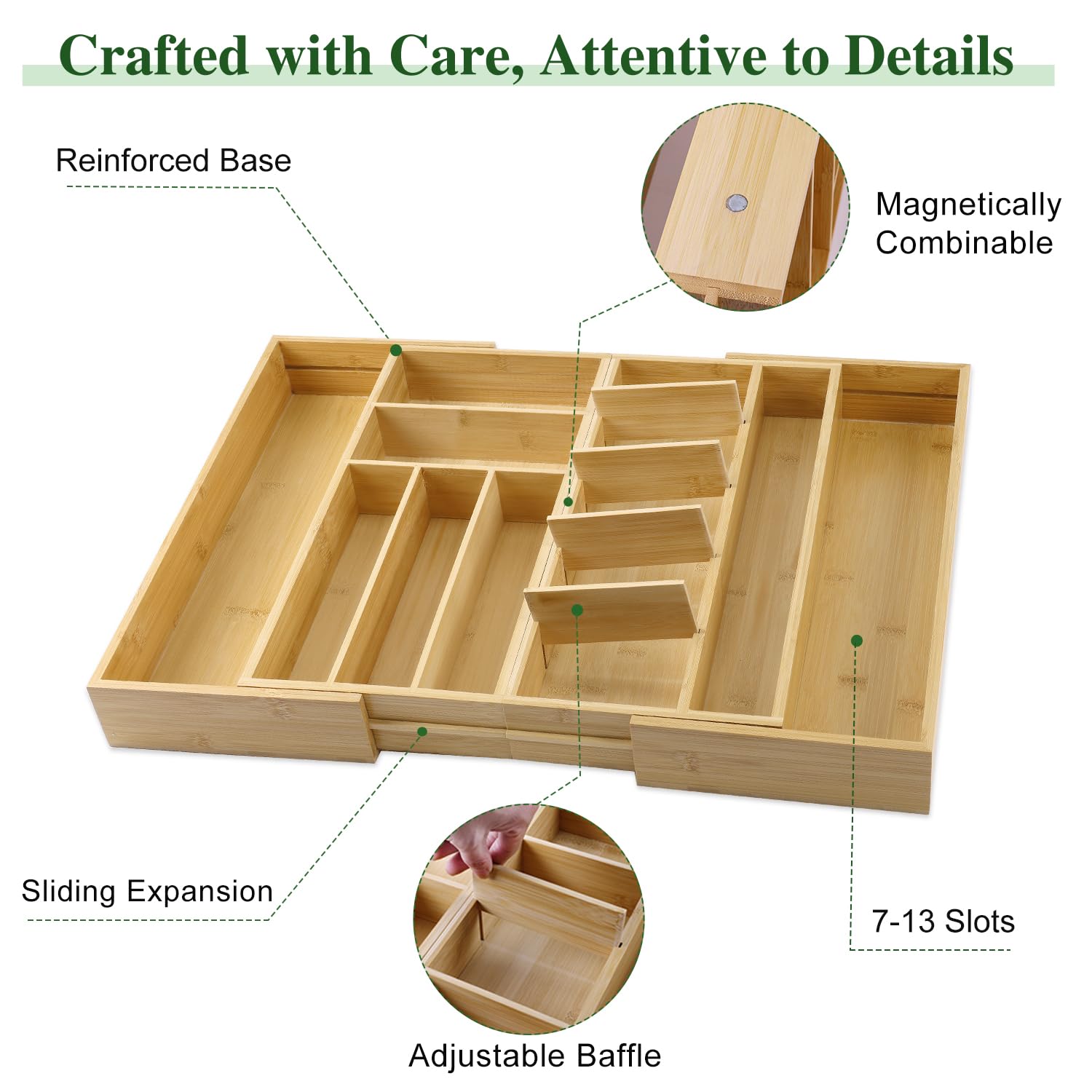 MH MYLUNE HOME Large Bamboo Expandable Drawer Organizer, Silverware Organizer for Drawers, 16 to 30 Inches Wide, 7-13 Slots, Kitchen Drawer Organizers for Utensils, Bamboo Wood Cutlery Organizers