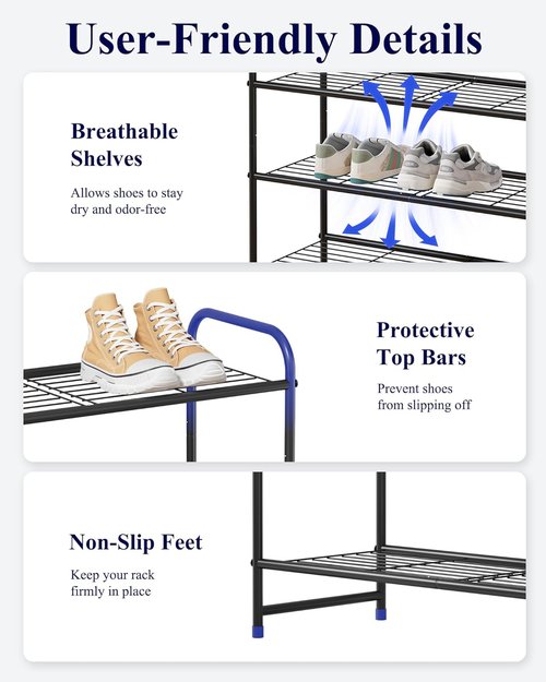 Kitsure Shoe Rack - Sturdy Stainless Steel Organizer for Closet & Entryway | 3-Tier, 25.6" Wide, Black
