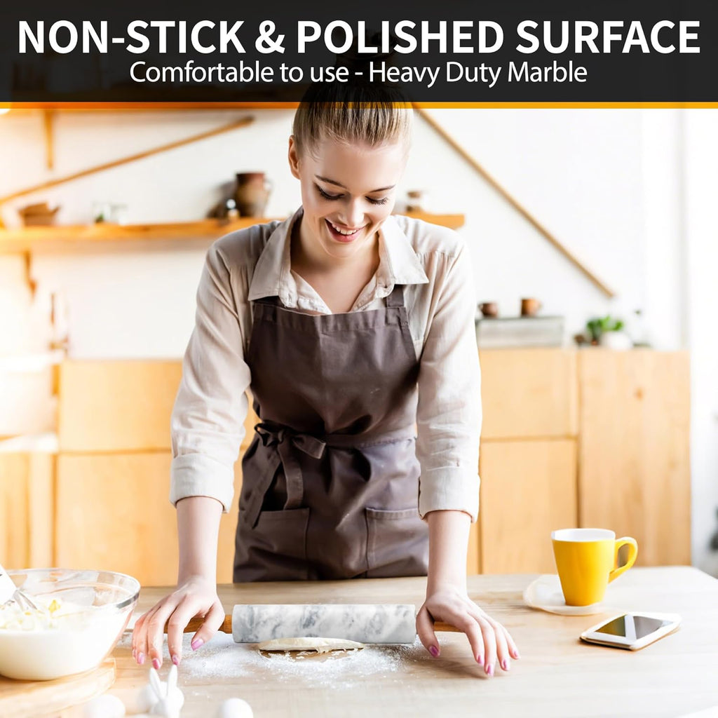 Skiennix Marble Rolling Pin - 16.7 Inches with Wooden Handles & Cradle | Ideal for Pizza Dough, Pasta, Cookies & More!