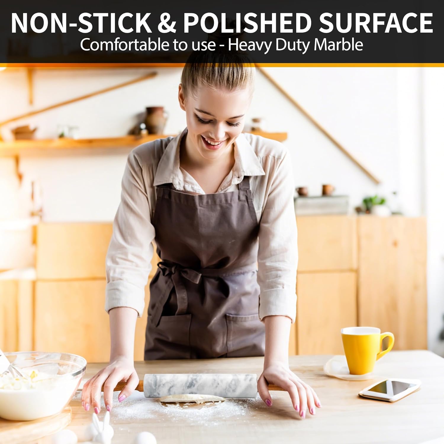 Skiennix Marble Rolling Pin - 16.7 Inches with Wooden Handles & Cradle | Ideal for Pizza Dough, Pasta, Cookies & More!