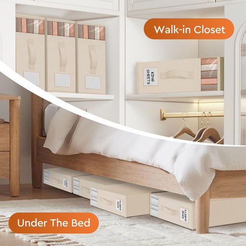 StorageTastic 4 Pack Bed Sheet Closet Organizers and Storage,Sturdy Foldable Storage Containers with Window and Label,Storage and Organization for Bedding Sheets,Duvet Covers,Blankets (Beige)