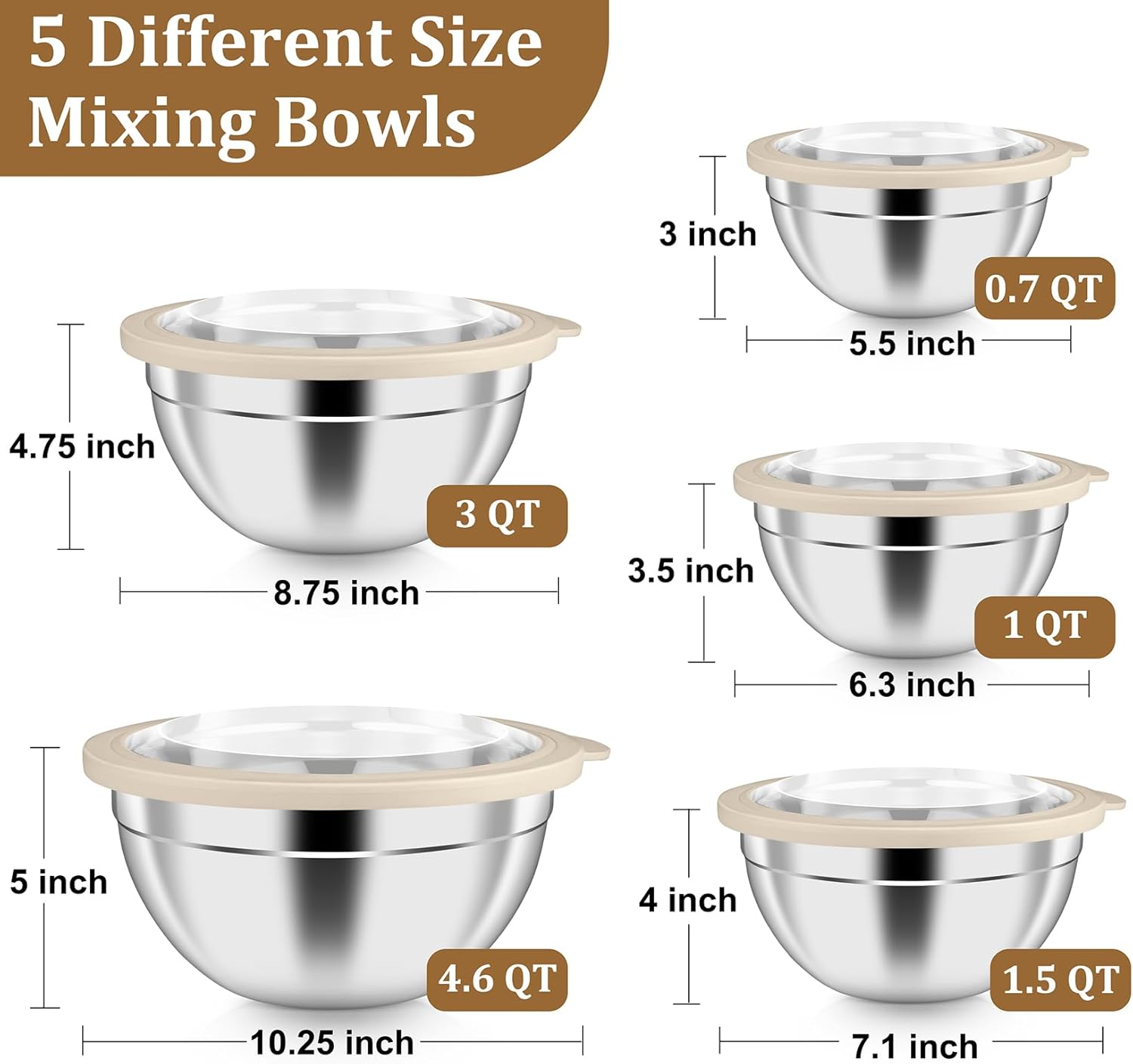P&P CHEF Mixing Bowls Set of 5 - Stainless Steel Airtight Lids for Kitchen Prep & Storage | Khaki, 0.7-4.6 QT