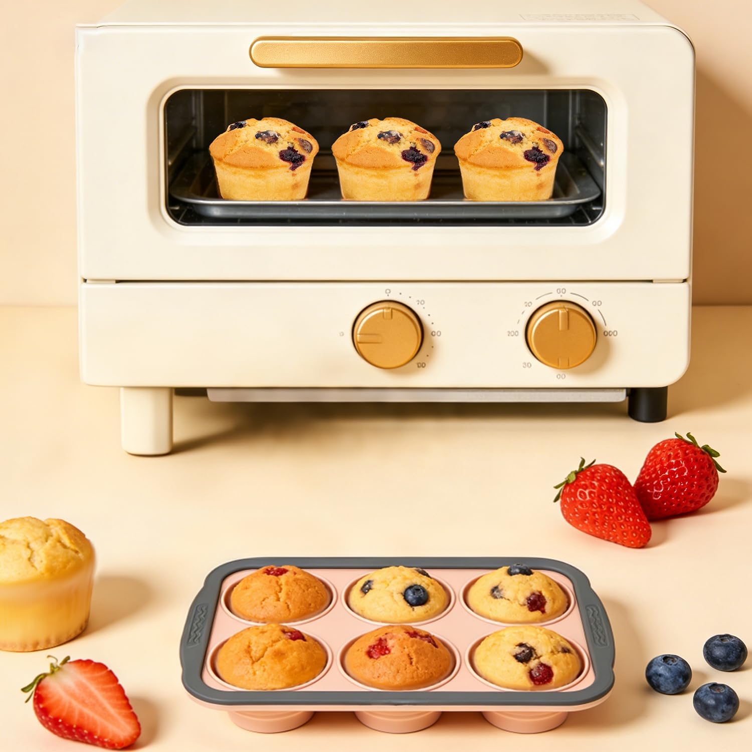 Skiennix Silicone Muffin Pan - 6-Cup Nonstick Bakeware with Metal Frame | Easy Release & Dishwasher Safe (Pink)