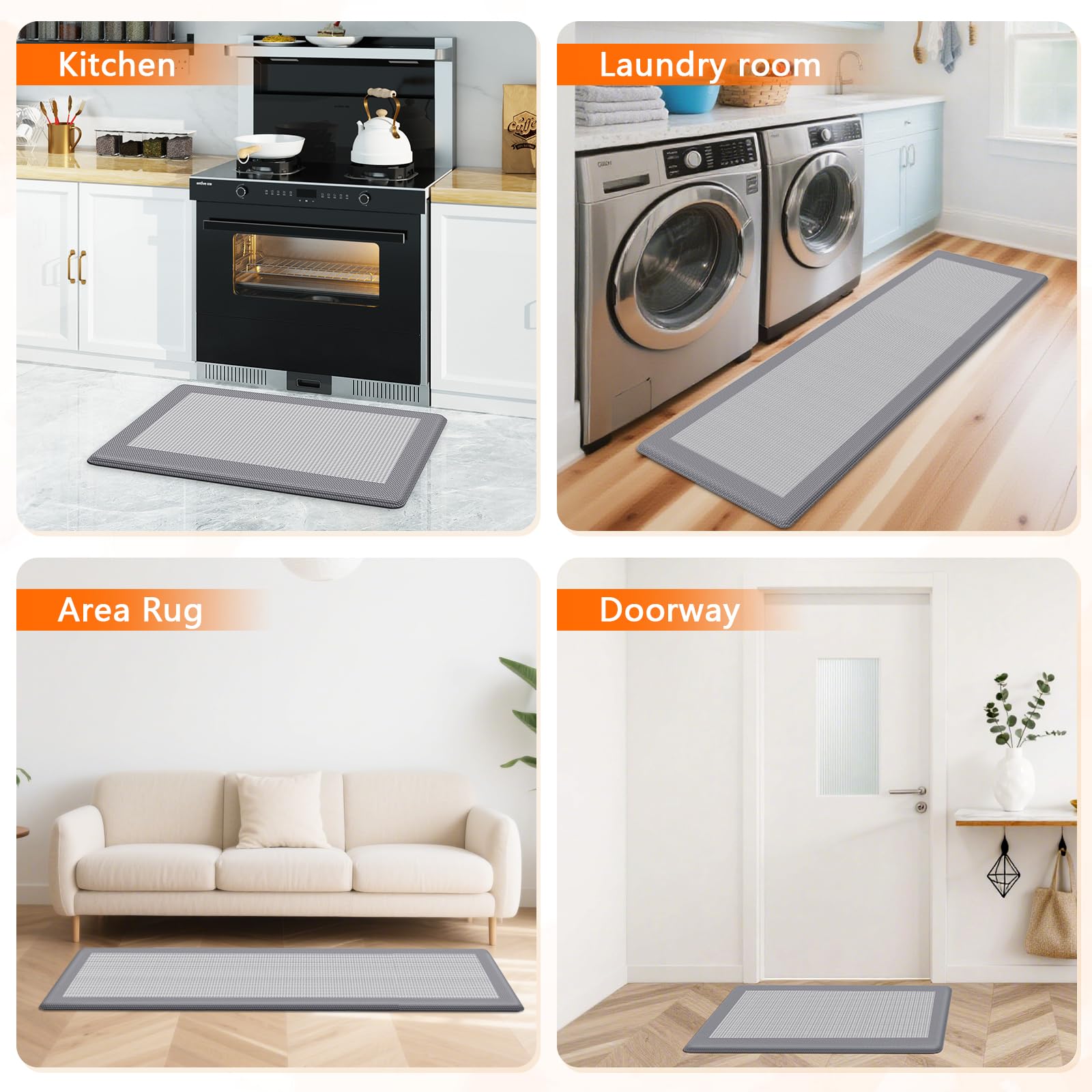 SofterCharm Kitchen Mats, 2PCS Kitchen Rugs for Floor, Cushioned Anti-Fatigue Mats for Kitchen Floor, Non-Slip Standing Desk Mat for Sink, Home, Laundry & Office, 17.3"x30"+17.3"x59" (Grey)