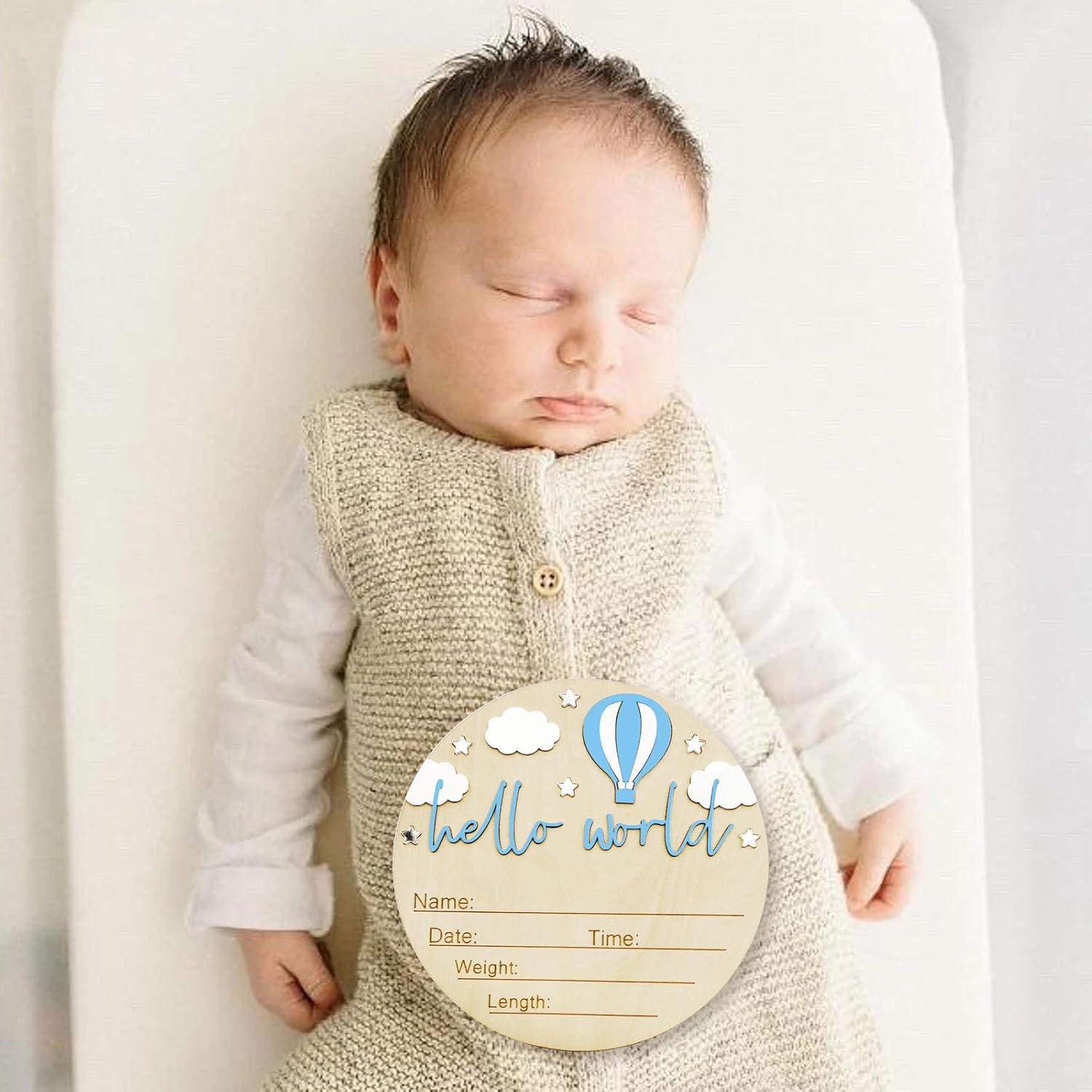 Skiennix Baby Announcement Sign - 5.9 Inch Wooden Hello World Newborn Sign with Pen | Hot Air Balloon & Cloud Design (Blue)