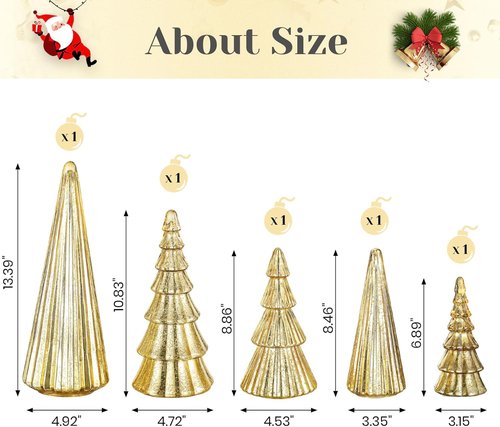 Hewory Gold Christmas Tree Decorations - Set of 5 Glass Tabletop Trees with LED Fairy Lights | Glitter Mercury Glass Holiday Decor