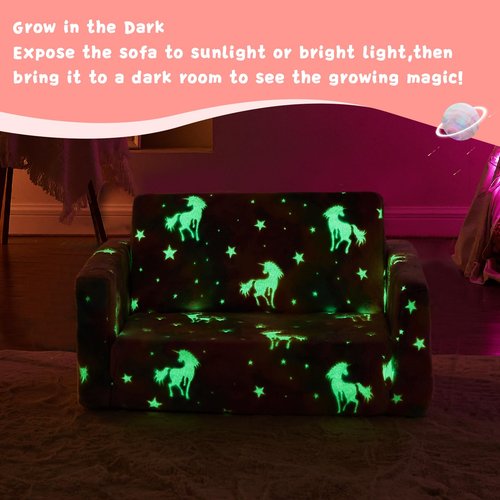 Toddler Couch,Toddler Chair,Kids Sofa Chair 2-in-1 Baby Seat Furniture Fold Out, Convertible Sofa to Lounger Soft Comfy Glow in The Dark Kids Sofa Bed Gifts for Kids Girl Boys,Unicorn