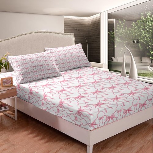 Erosebridal Pink Bow Bed Sheets for Kids Teen Women,Cute Ribbon Bowknot Full Bedding Sets for Girls Kawaii Watercolor Bow Tie Sheet Set,Pink White Princess Bow Bed Sheet Set 4 Piece