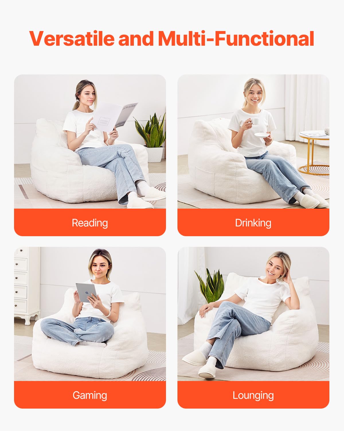 VEVOR Bean Bag Chair, 3 feet Bean Bag Chair with Soft Armrests and Storage Pocket, 25D Memory Foam Filled with Soft Teddy Velvet Cover, Bean Bag for Bedroom or Playroom, White