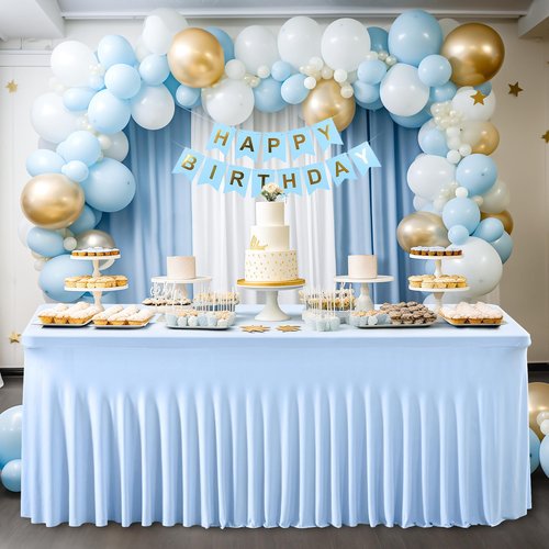 4 Packs Baby Blue Table Clothes for 6 Foot Rectangle Tables, One-Piece Wrinkle Resistant Stretch Spandex Table Covers with Skirt for Event Banquet Wedding Birthday Party