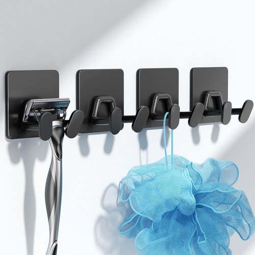 Adhesive Shower Hooks - Extra Sticky Stainless Steel Double Hooks for Razor, Towel & Loofah | Matt Black, 4-Pack