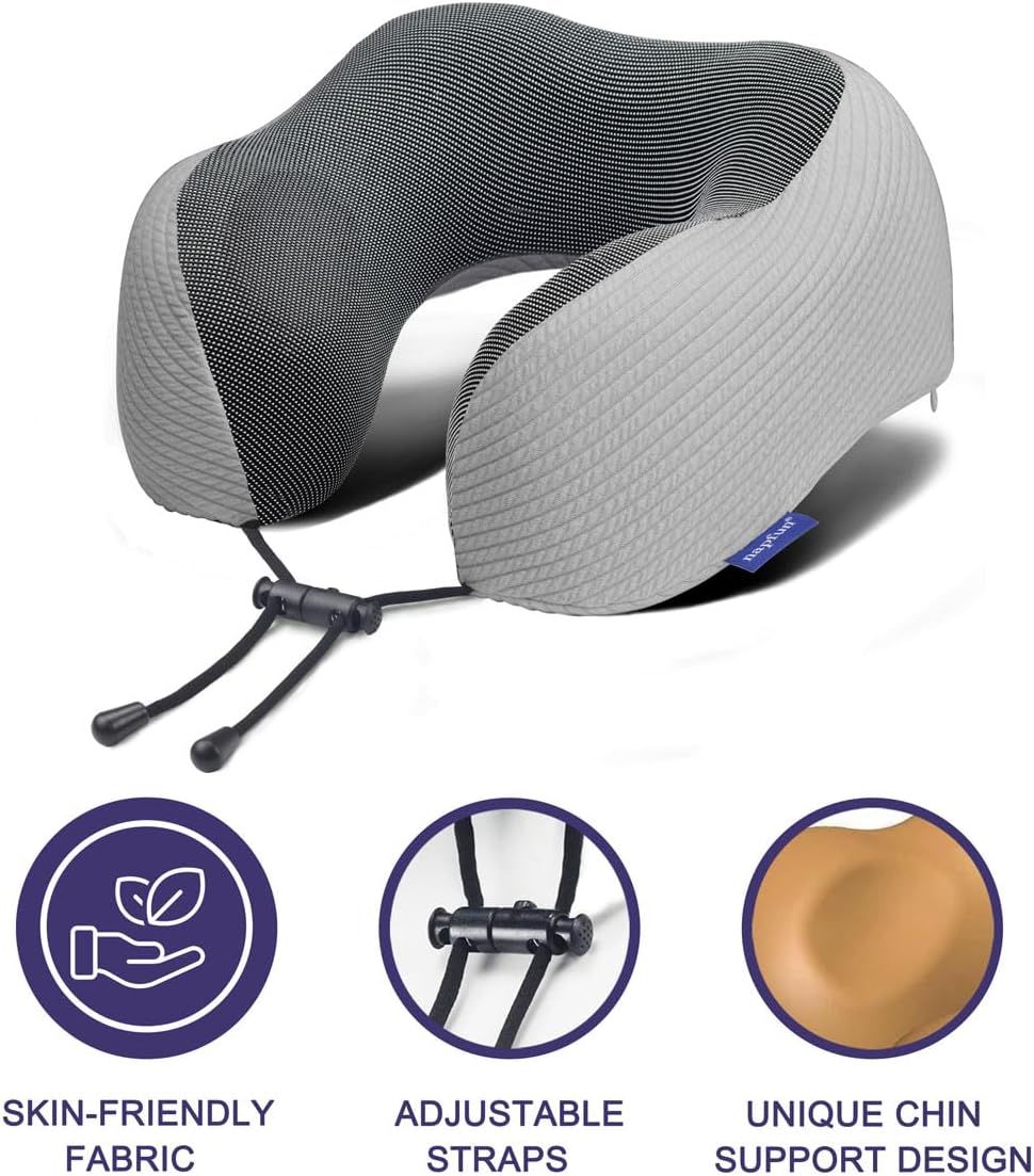 Napfun Neck Pillow - Memory Foam Travel Pillow with Pouch, Sleep Mask & Earplugs | Light Gray Striped Set