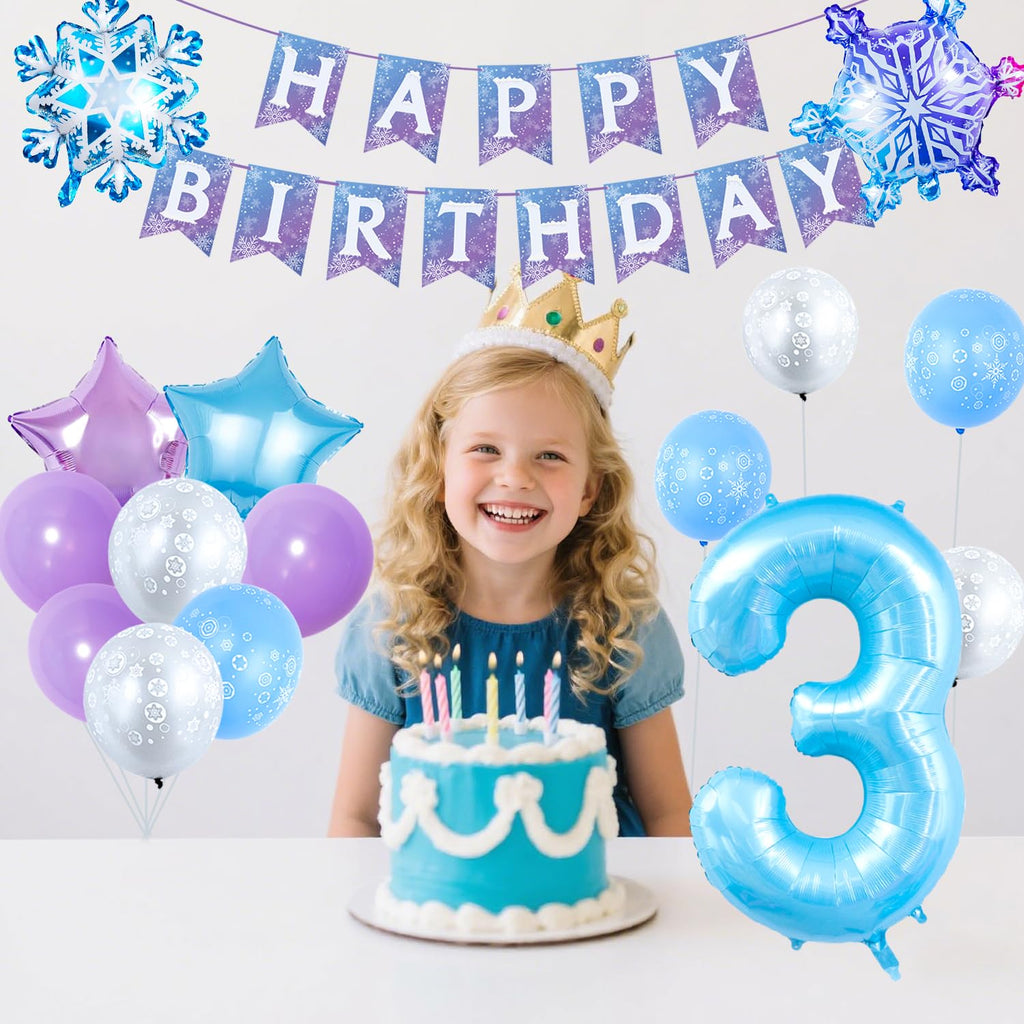 Frozen Birthday Party Decorations, with 40 Inch Blue Number 3 Balloon, Frozen Birthday Banner and Foil Snowflake Balloons for 3rd Party Decor Supplies