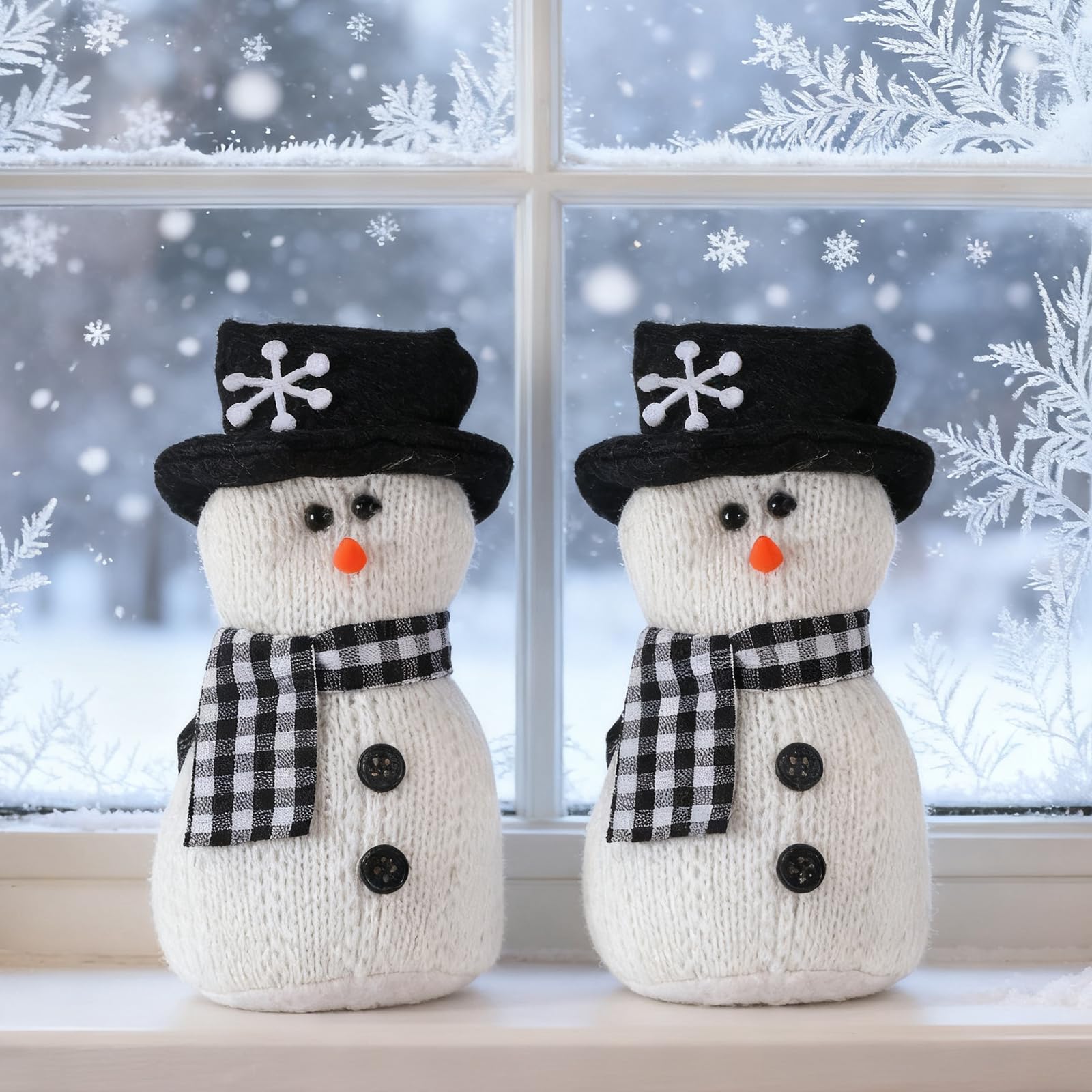 SmoothNovelty 2 Pcs Winter Snowman Plush Toys 6'' Snowman Figurines with Black and White Checkered Scarf Christmas Snow Man Table Centerpieces for Holiday Winter Home Table Fireplace Decor