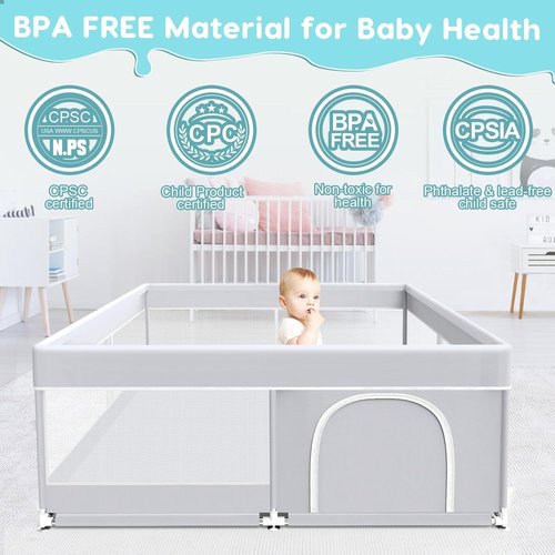 Fshibila Baby Playpen - 50x50 Inch Sturdy Safety Playard for Indoor & Outdoor Use | Soft Mesh, Grey