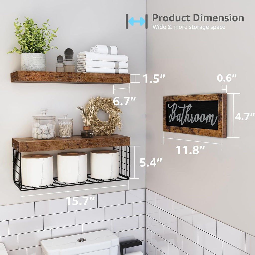 QEEIG Bathroom Shelves Over Toilet - Rustic Brown Floating Shelf Set for Farmhouse Decor | 16 Inch 2+1 Design