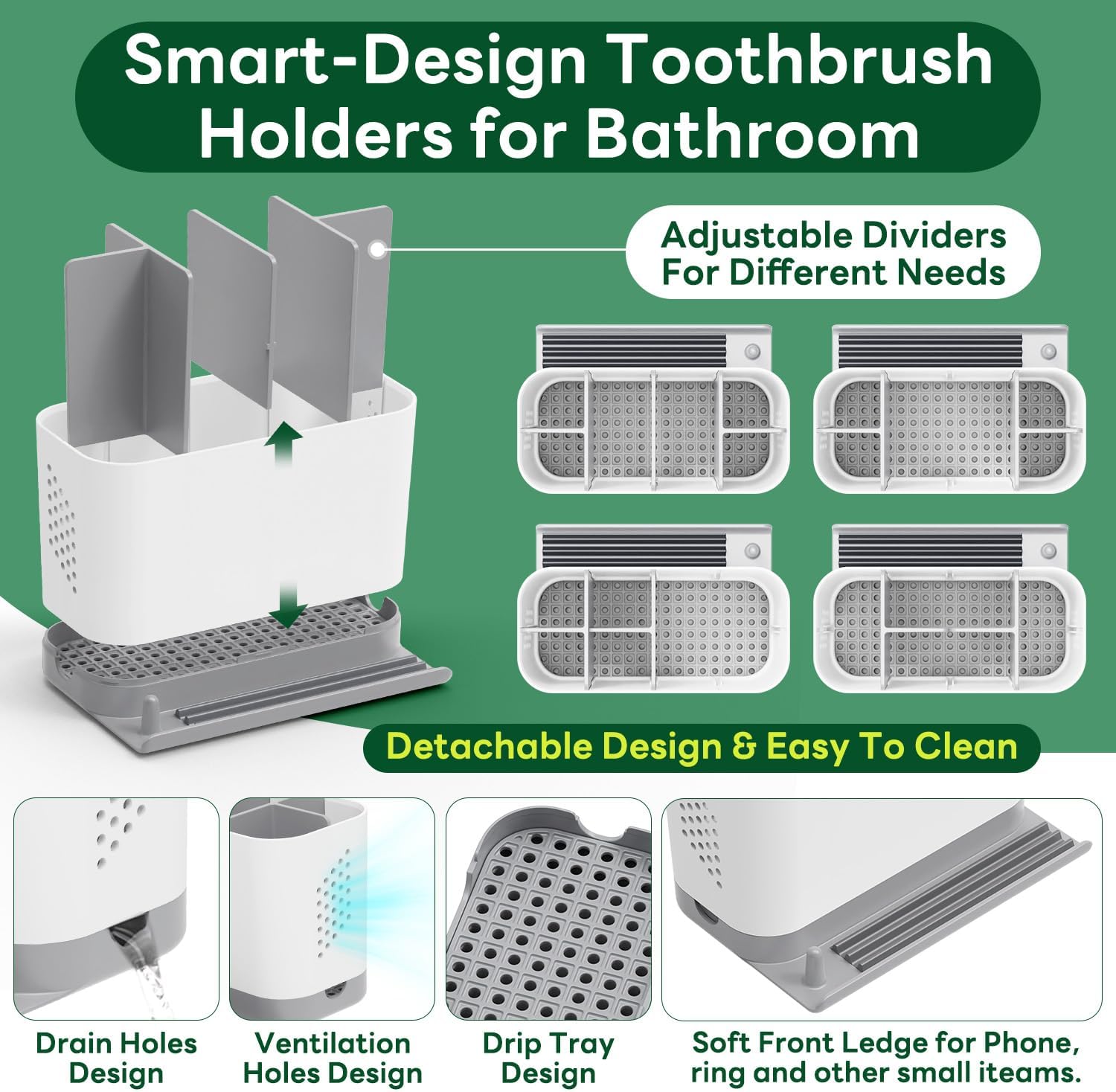 Skiennix Adjustable 6-Slot Toothbrush Holder - Cord-Friendly Bathroom Organizer with Phone Ledge