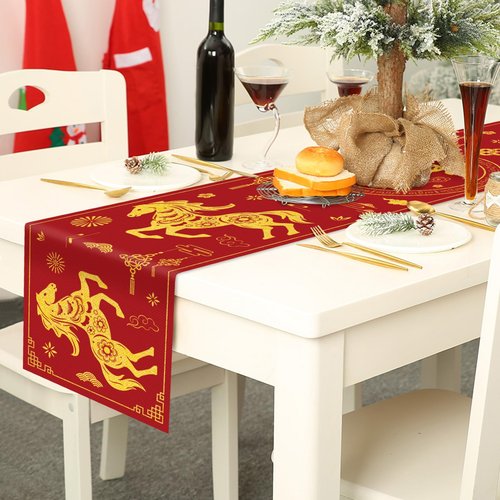 Gold Horse Printed Table Runner, 14 x 72 Inch Chinese New Year Dinner Table Runner for Festival Party Holiday Home Kitchen Dining Indoor Outdoor Decorations