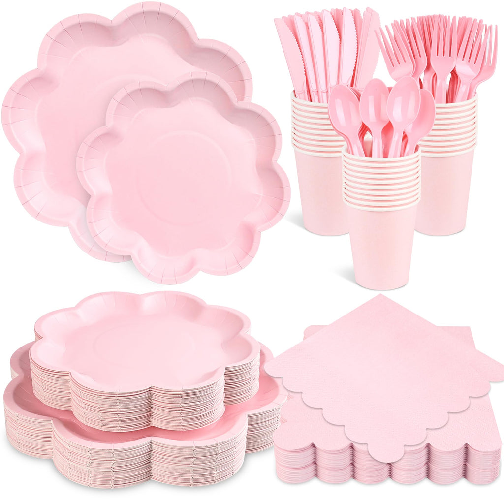 350 Pcs Pink Paper Plates and Napkins Set, Tableware Set for 50 Guests Include Disposable Pink Scalloped Plates, Napkins, Cups, Knives, Forks & Spoon for Baby Shower Mother's Day Wedding Birthday