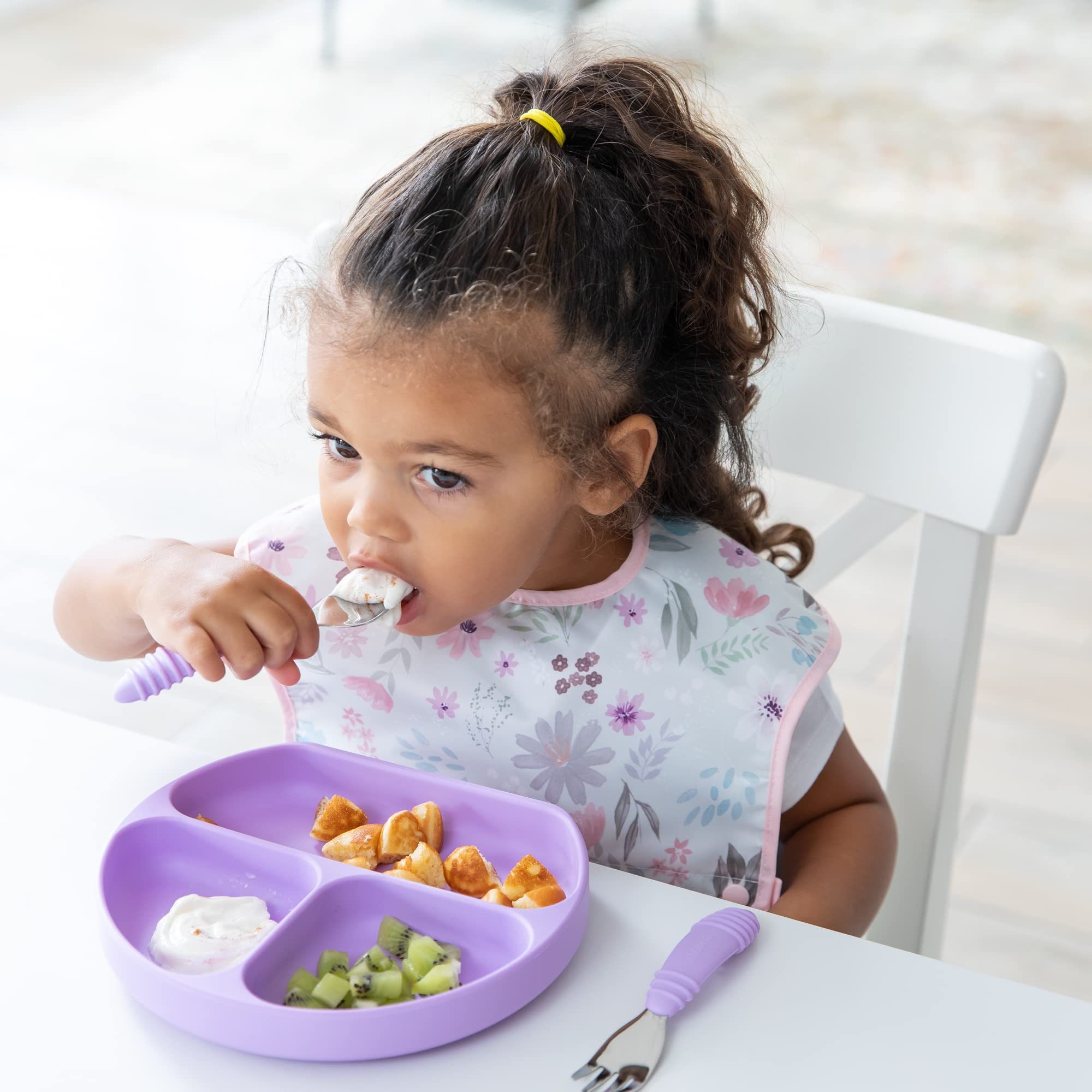 Bumkins Toddler Utensils, Kids Size Fork and Spoon Set, Silicone and Stainless-Steel Training Silverware, Angled Forks / Sporks for Self-Feeding, Children Hold Learning to Eat, 18 Months Up, Lavender