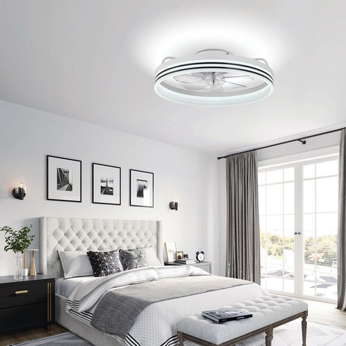 Cainjiazh Ceiling Fans with Lights 20" Fandelier Modern Ceiling Fan Dimmable Low Profile Ceiling Fan Flush Mount Bladeless Chandelier Fan Ceiling Fan Lights for Bedroom Kitchen and Living Room(White)