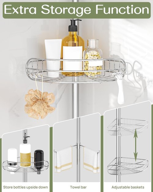 ALLZONE Corner Shower Caddy - Adjustable 4-Tier Rustproof Bathroom Organizer | Tension Mounted, 56-113 Inch Height, Silver