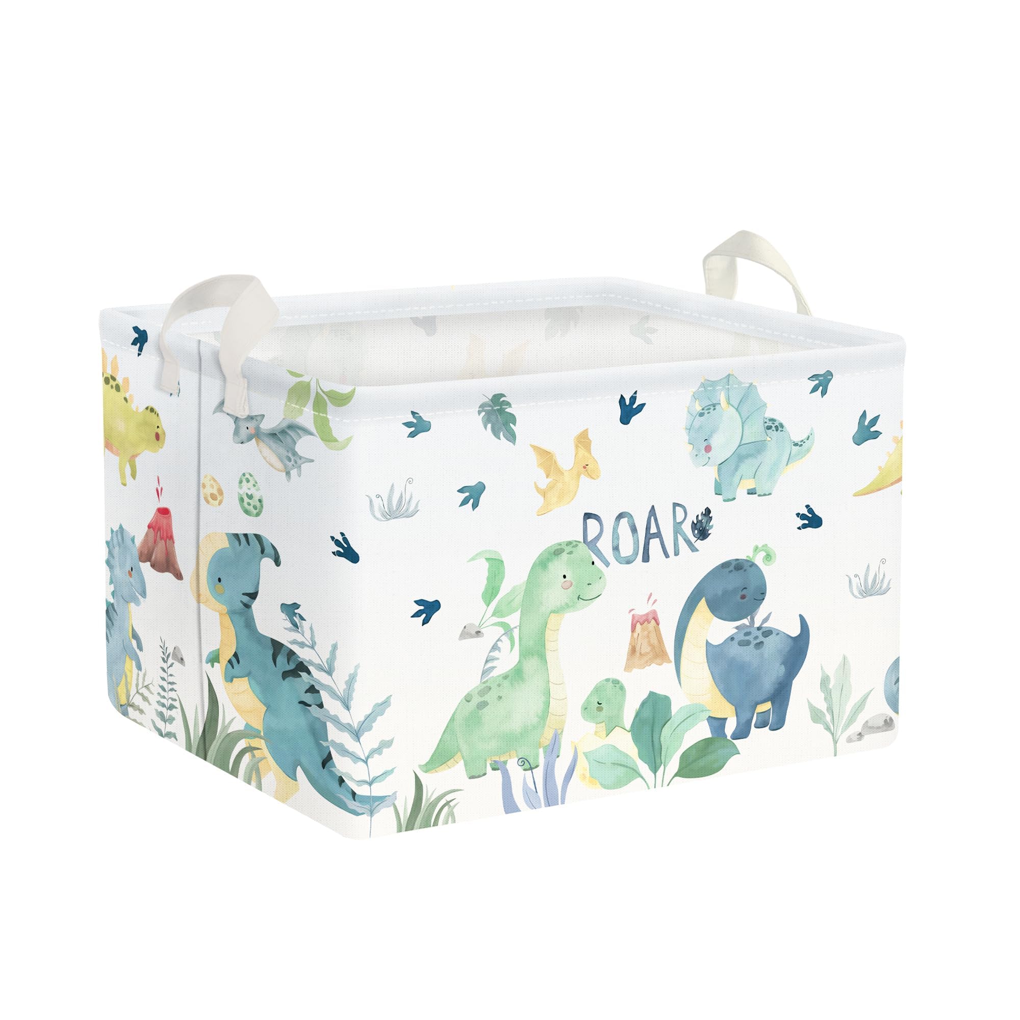 Clastyle Adorable Watercolors Green Dinosaur Shelf Basket Volcano Palm Leaf Collapsible Storage Bin Rectangle Clothes Books Toy Storage Cube, 21L