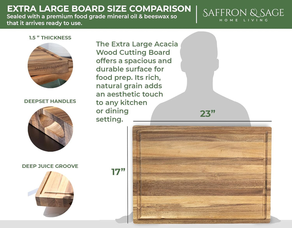 Saffron & Sage Large Wood Cutting Board - Thick 16 x 12 x 1.5 Inch Acacia with Deep Juice Groove | Reversible Chopping & Charcuterie Board