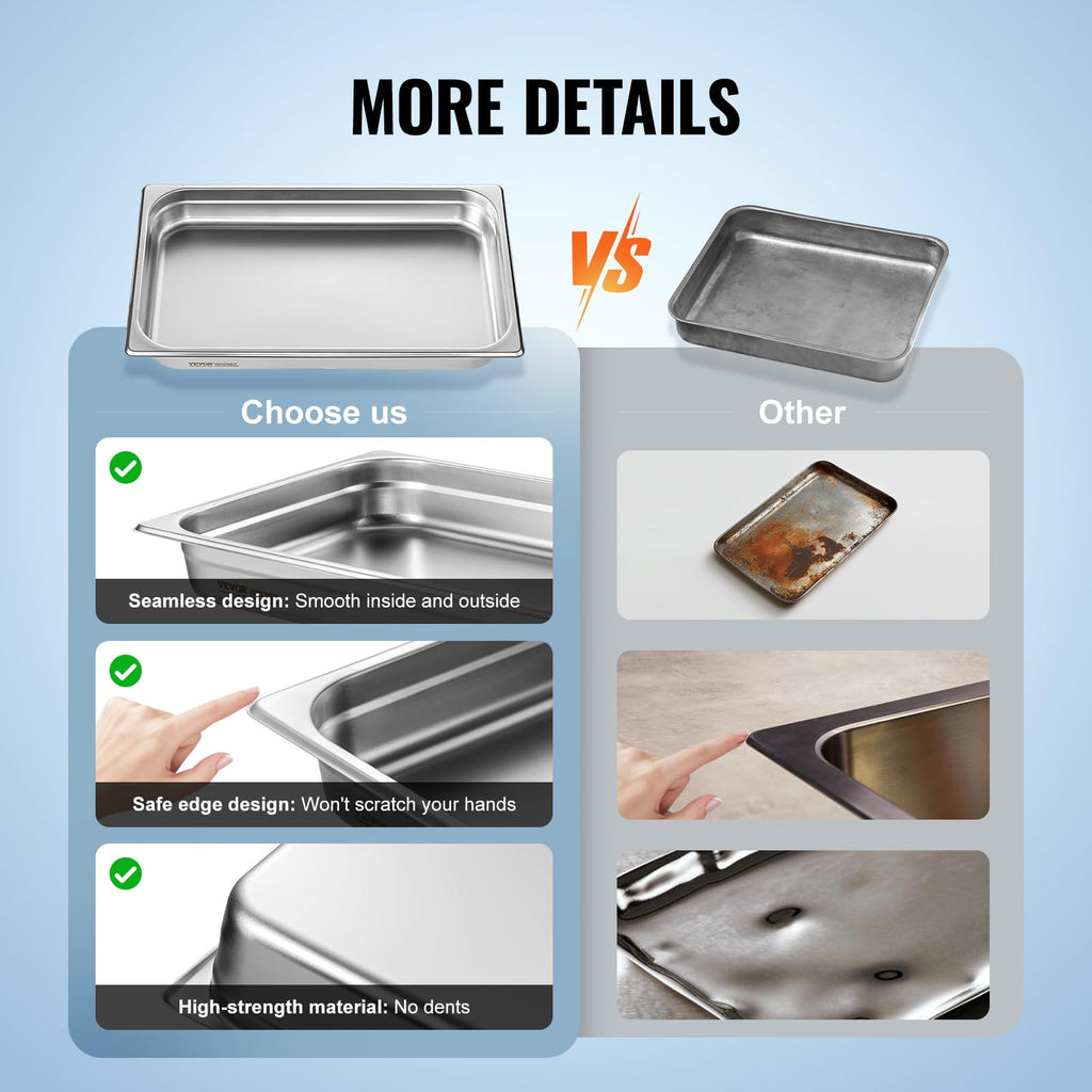 VEVOR 6 Pack Stainless Steel Hotel Pans,2.5-Inch Deep 0.8mm Thick Commercial Food Pans, Anti-Jam Catering Trays for Steam Tables, for Home, Party, Restaurant, Hotel, Buffet