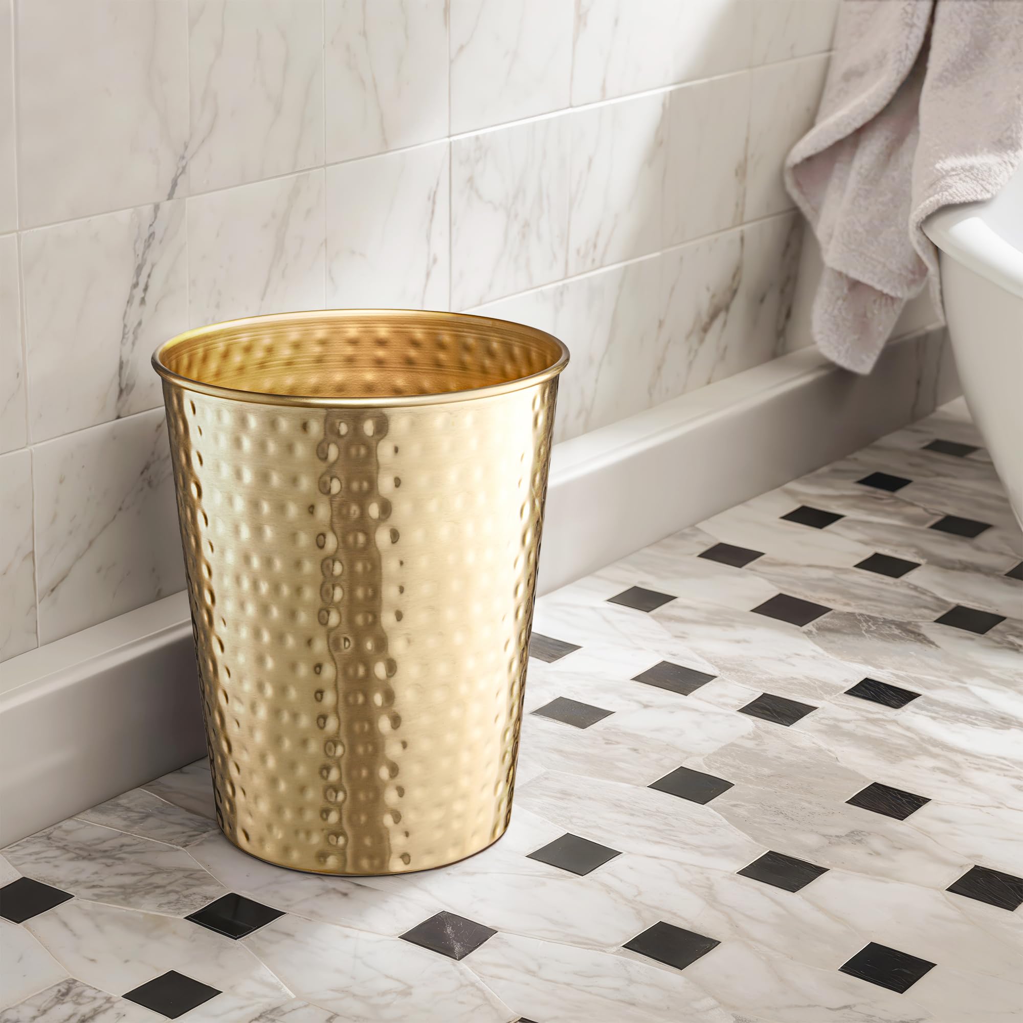 Monarch Abode Metal Bathroom Trash Can – Waste Basket for Bedroom, Office Desk, & Dorm, Hand Hammered, Durable Decorative Brushed Gold Small Trash Can Bathroom Garbage Bin Wastebasket