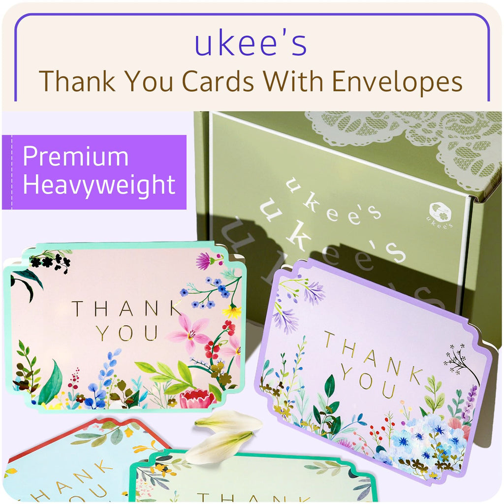 ukee's Thank You Cards with Envelopes 100-Pack, Gold Foil Floral, Thank You Notes w/Sage Green Envelopes & Stickers, Blank Inside for Baby Shower, Wedding, Graduation, Small Business, 4.25" x 5.5"