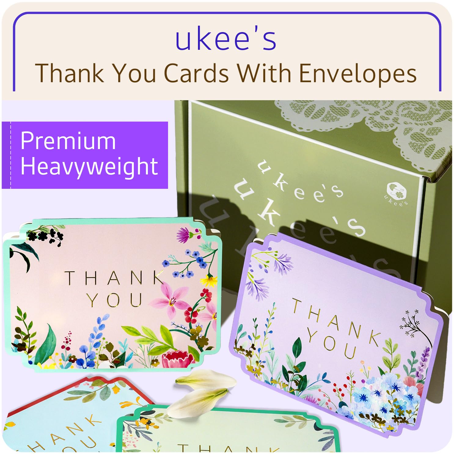 ukee's Thank You Cards with Envelopes 100-Pack, Gold Foil Floral, Thank You Notes w/Sage Green Envelopes & Stickers, Blank Inside for Baby Shower, Wedding, Graduation, Small Business, 4.25" x 5.5"