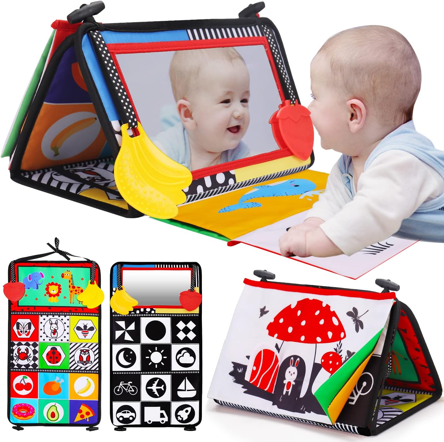 Skiennix Tummy Time Baby Mirror - High Contrast Infant Toy for Brain Development | Crinkle Cloth Book & Teether, 0-6 Months