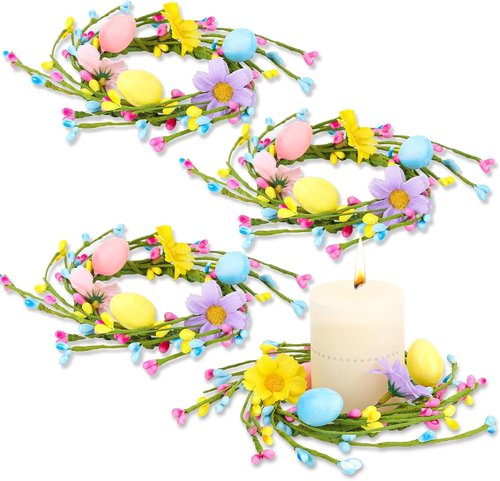 Jansun Easter Candle Rings - 4 Pcs Mini Wreaths with Pink & Blue Eggs | Perfect for Table Centerpieces