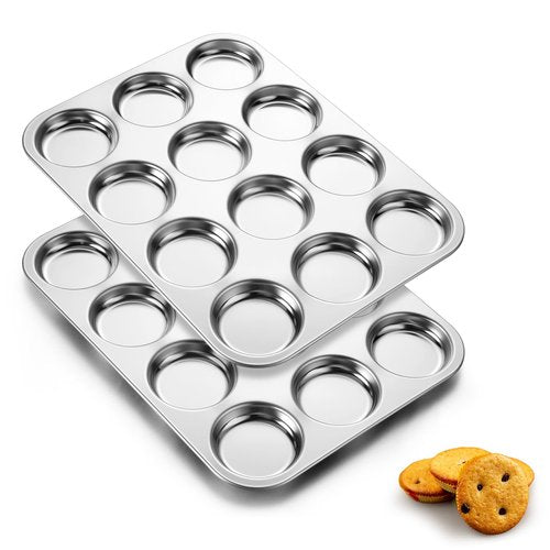 E-far Muffin Top Pan, 12-Cavity Stainless Steel Shallow Cupcake Pan for Yorkshire Pudding, Eggs, Whoopie Pie, Cornbread, Non-toxic & Dishwasher Safe - 2 Pcs