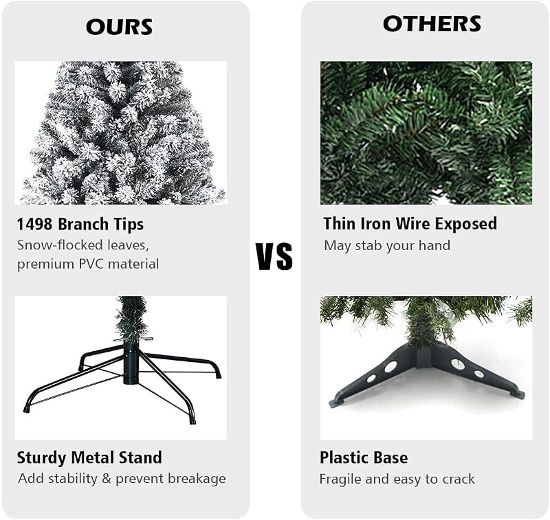 9FT Snow Christmas Tree - Artificial Flocked Hinged Pine with Metal Stand, Full Indoor/Outdoor Xmas Tree (Variation: 9ft)