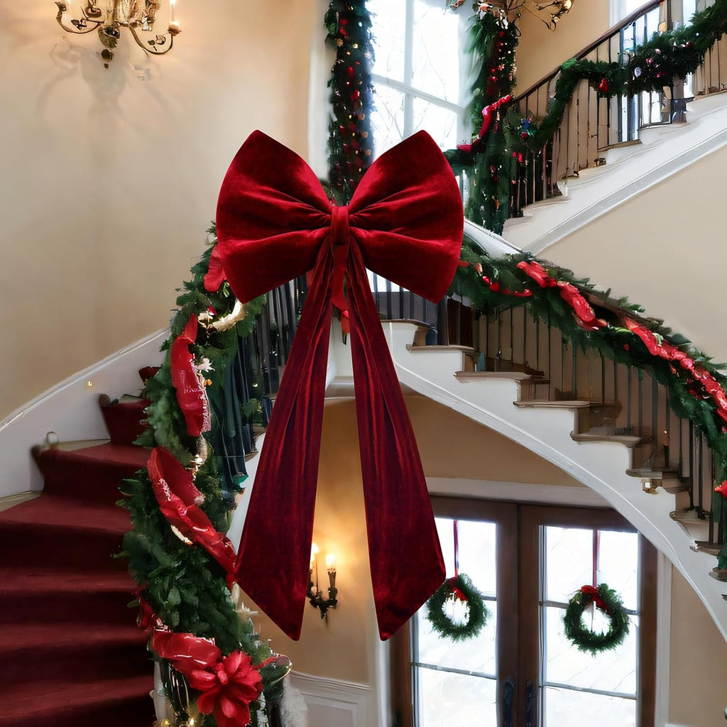 Skiennix Large Velvet Red Bow - 40x18 Inch Giant Tree Topper Ribbon | 3D Wall Decor for Parties & Events (Wine Red)