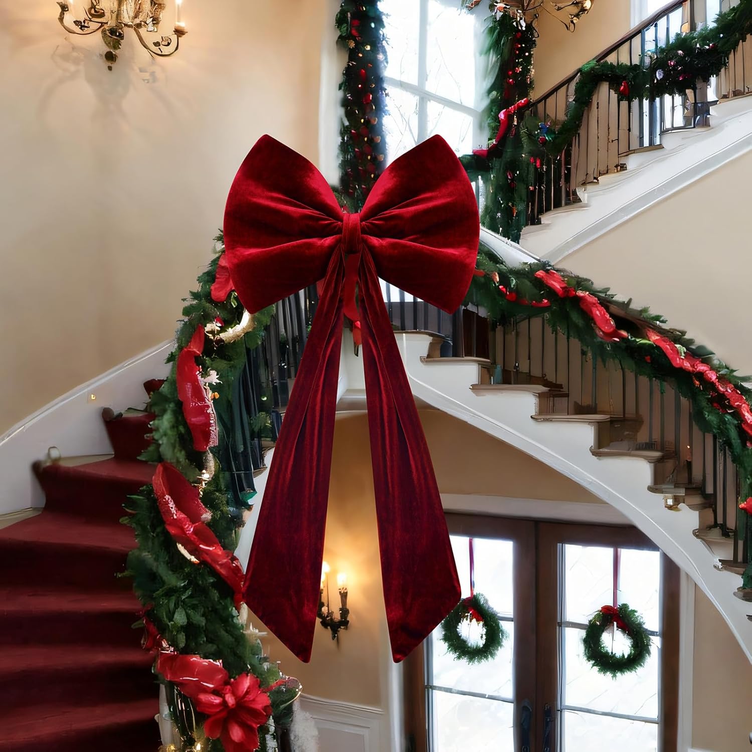 Skiennix Large Velvet Red Bow - 40x18 Inch Giant Tree Topper Ribbon | 3D Wall Decor for Parties & Events (Wine Red)
