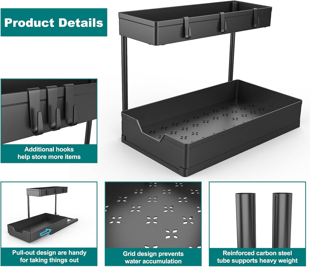 Nature's Source Under Sink Organizer - 2 Tier Sliding Cabinet Storage Baskets | L-Shape Design, Black
