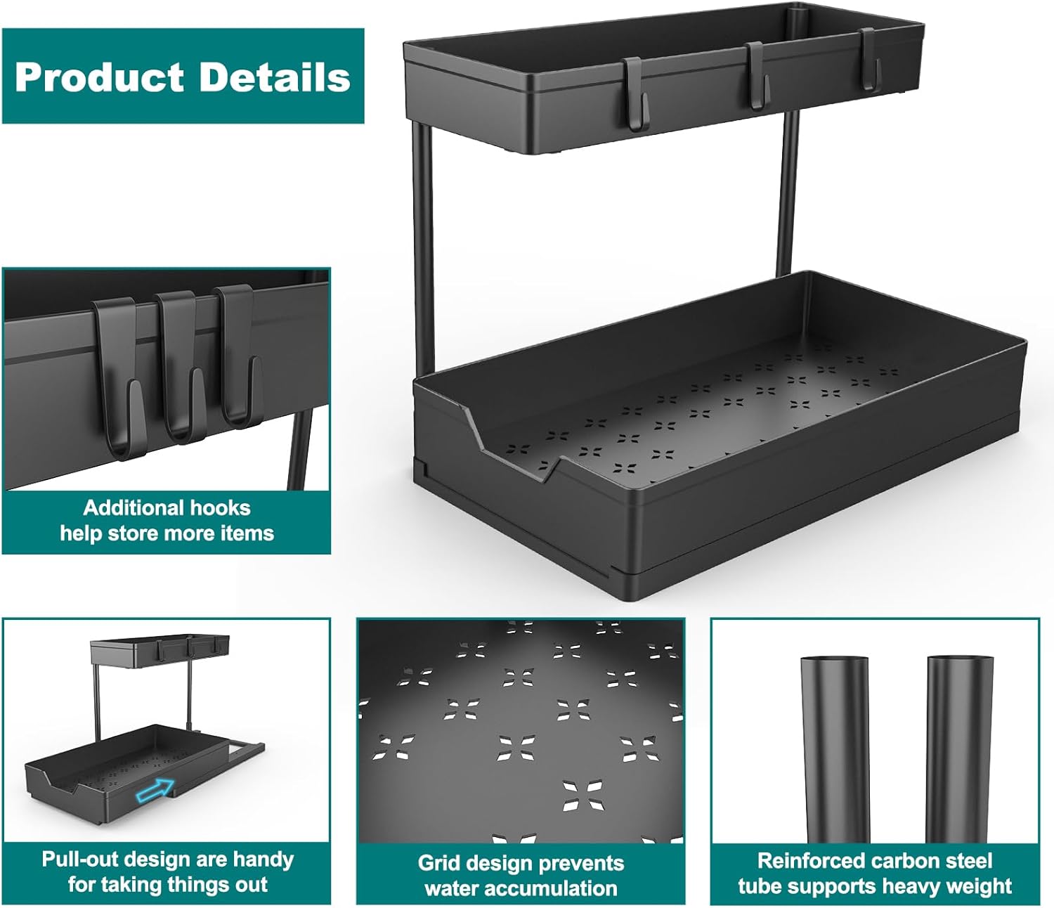 Nature's Source Under Sink Organizer - 2 Tier Sliding Cabinet Storage Baskets | L-Shape Design, Black