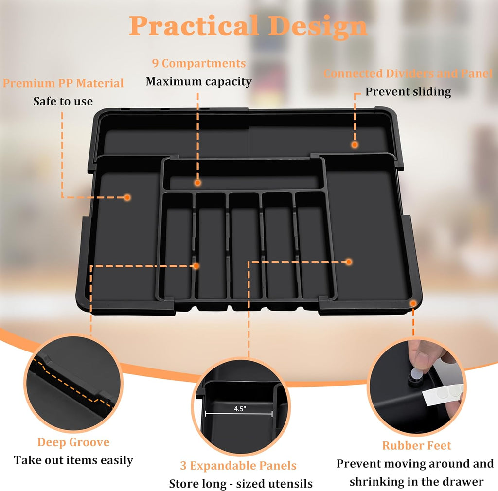 Spaclear Expandable Silverware Organizer - Adjustable BPA-Free Cutlery Tray for Kitchen | 6-9 Slots, Black