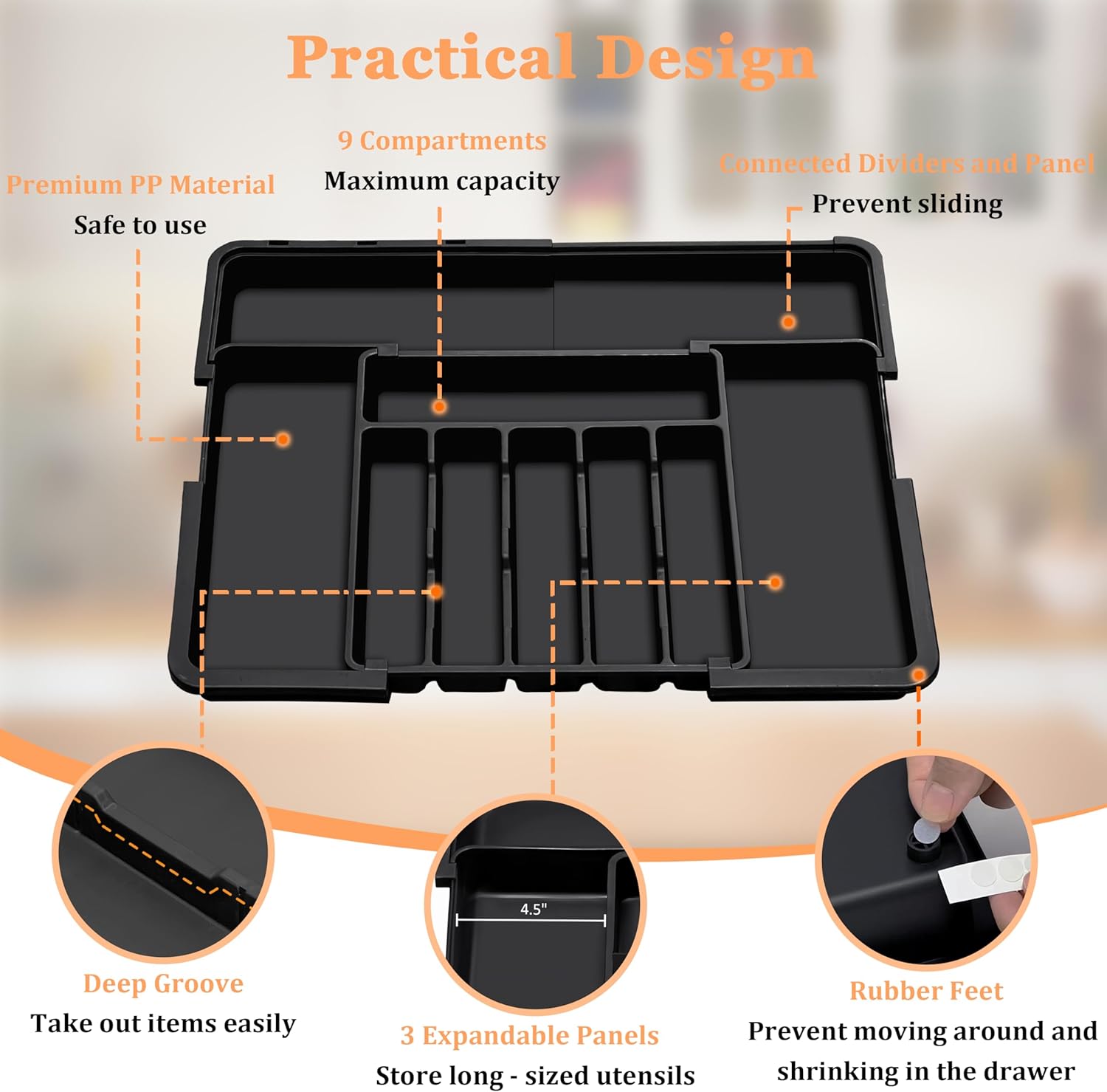 Spaclear Expandable Silverware Organizer - Adjustable BPA-Free Cutlery Tray for Kitchen | 6-9 Slots, Black