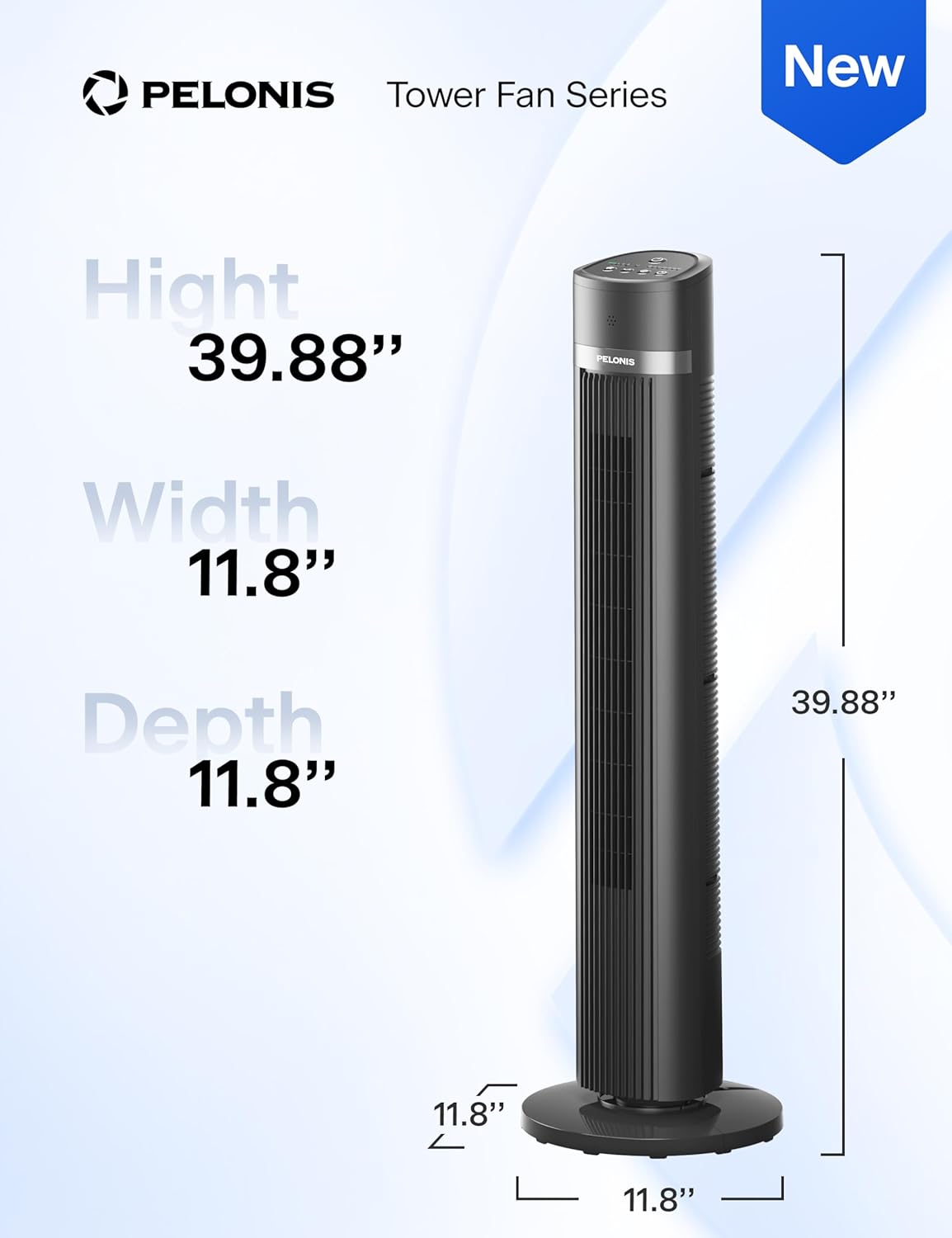 Pelonis 40-Inch Bladeless Tower Fan - Quiet 3-Speed Standing Fan with Remote, 90° Oscillation, Grey