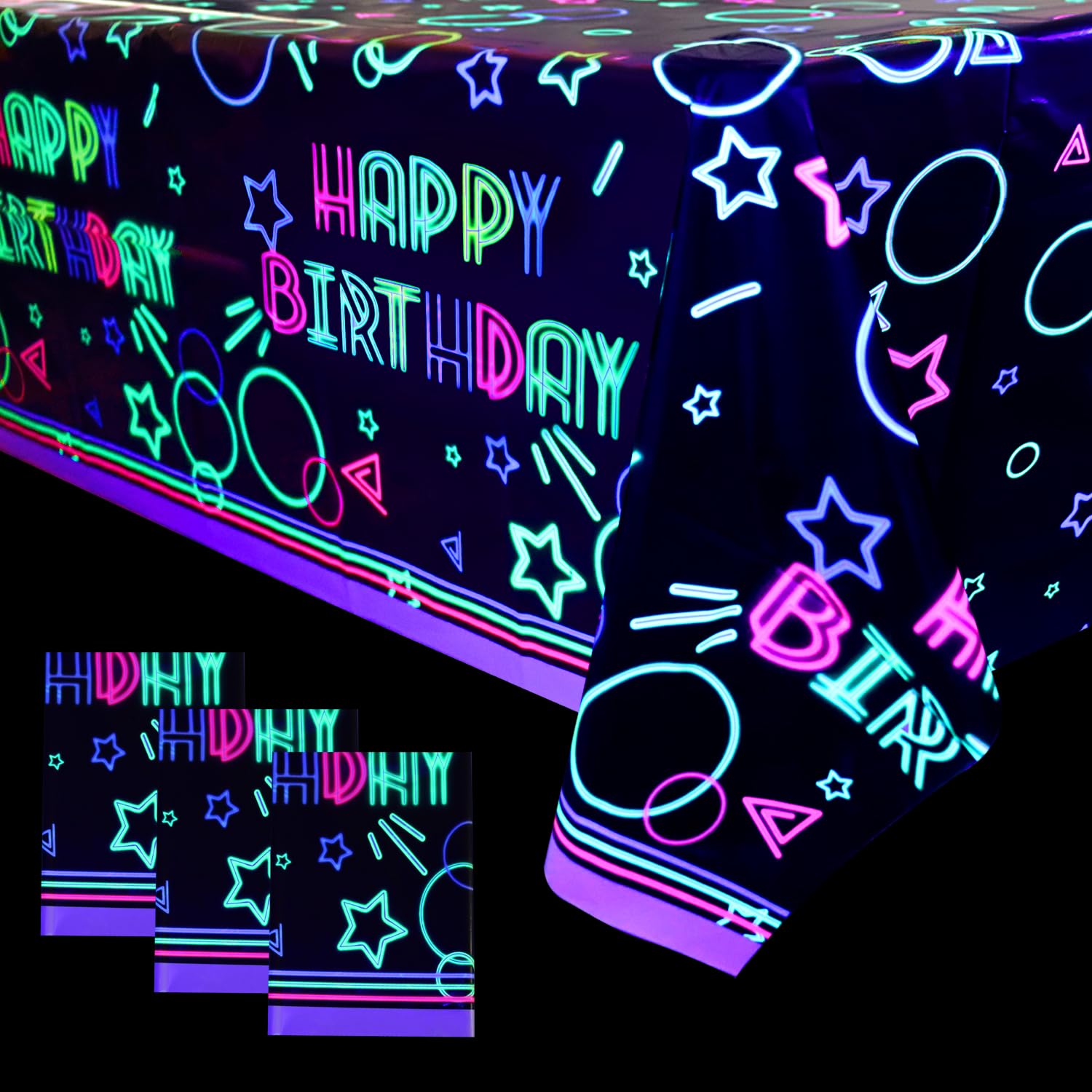 XJLANTTE 4 Pack Glow Party Tablecloth Supplies - Neon Plastic Birthday Table Cover, Black Light Fluorescence Rectangle Table Cloth 51"x86.6" for Glow in The Dark Birthday Party Decorations