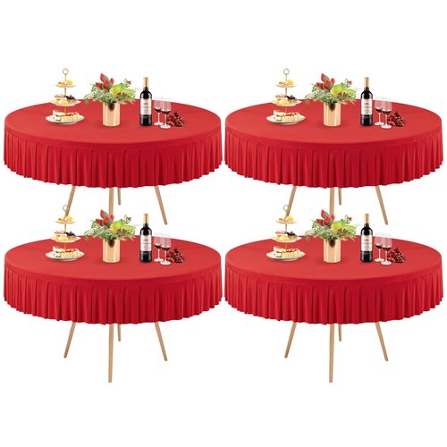 4 Pack Red Spandex Round Tablecloths for 72in Table, Stretchy Fitted 6FT Round Table Cloths, Wrinkle Free Table Cover with Skirt for Wedding Birthday Party Bridal Shower Banquet