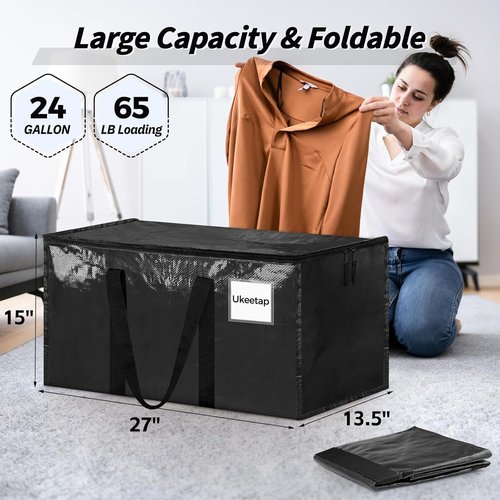 Heavy Duty Moving Bags by 8 Pack - Extra Large Storage Bins with Lids & Reinforced Handles - Black