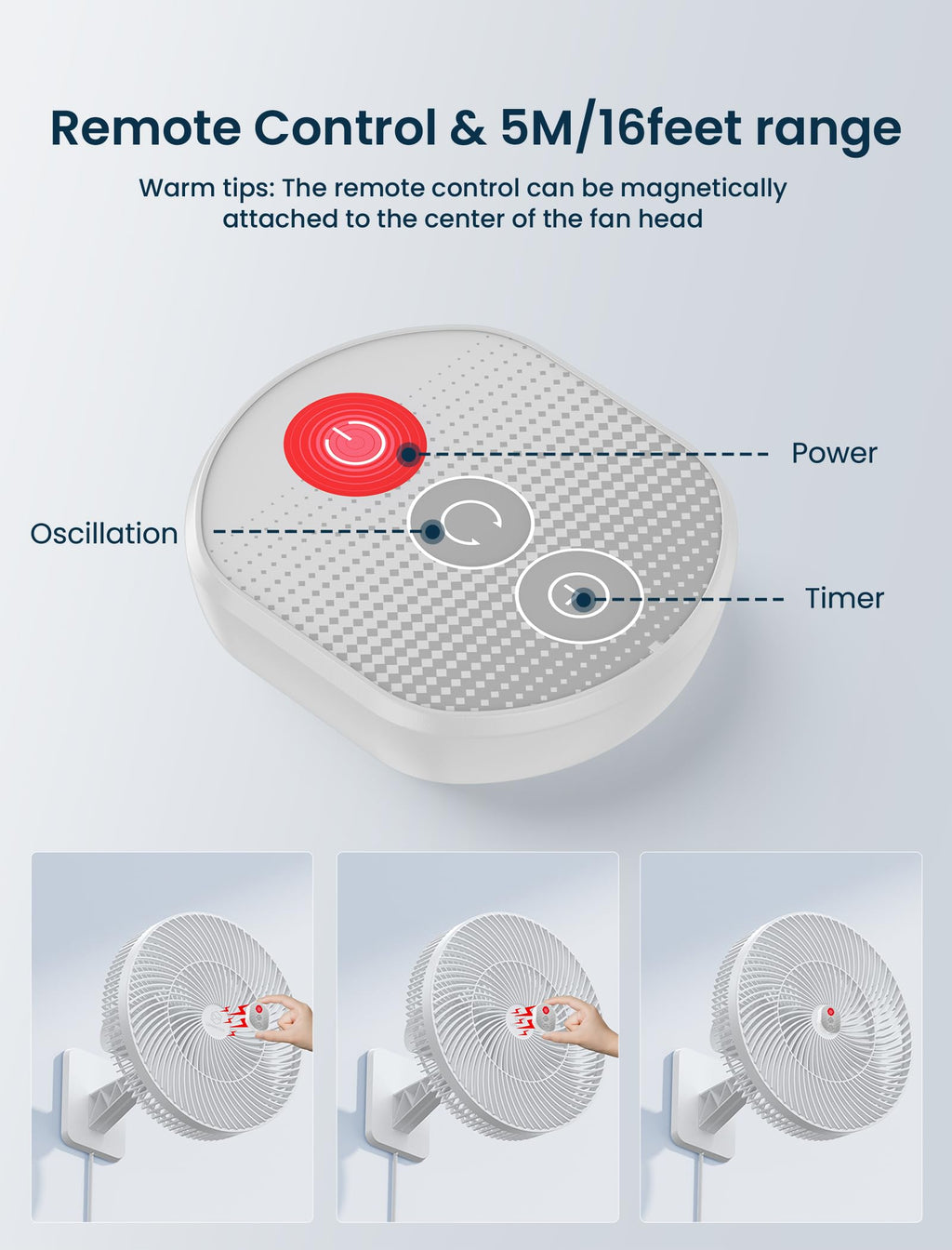 12 Inch Oscillating Wall Mount Fan with Remote & Timer, 4-Speed Quiet Indoor Bathroom/RV Fan, 90°Rotation,Adjustable Tilt,8.2ft Cord for Bedroom&Home Cooling, AC Fan for Corner,Garage,Easy Mount/Clean