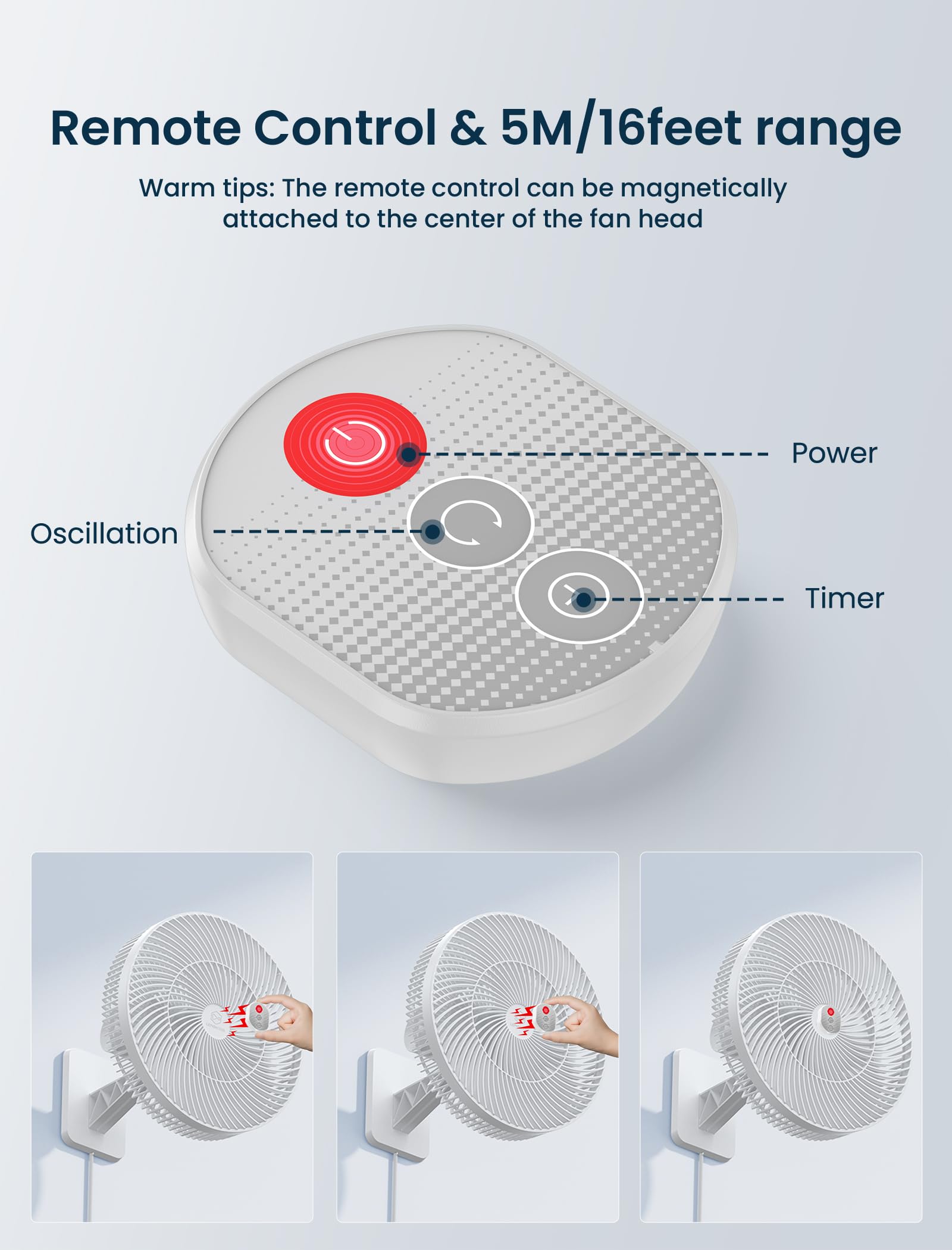 12 Inch Oscillating Wall Mount Fan with Remote & Timer, 4-Speed Quiet Indoor Bathroom/RV Fan, 90°Rotation,Adjustable Tilt,8.2ft Cord for Bedroom&Home Cooling, AC Fan for Corner,Garage,Easy Mount/Clean